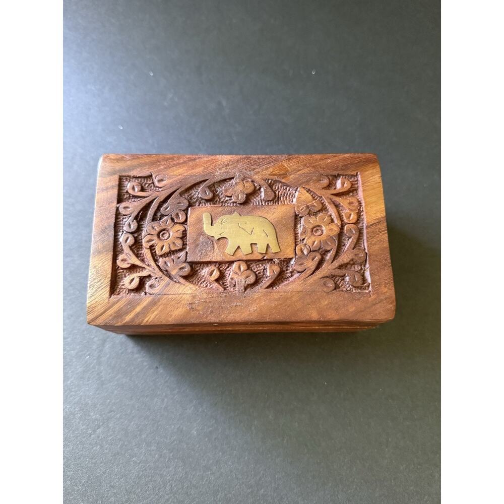 Handcarved Wood Hinged Trinket Box Brass Elephant Inlay Handcrafted Boho
